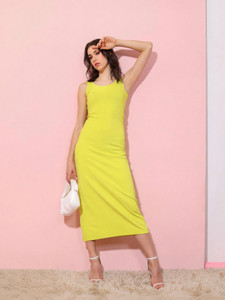 Tokyo Talkies Women Ribbed Yellow Midi/Calf Length Dress
