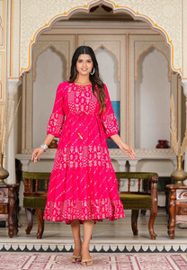 Yash Gallery Women Tiered Pink Midi/Calf Length Dress