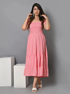 VYMO Women Fit and Flare Pink Midi/Calf Length Dress