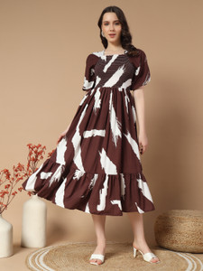 ZWERLON Women A-line Brown Midi/Calf Length Dress