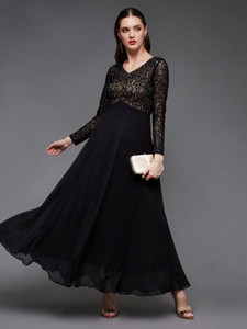 Miss Chase Women Fit and Flare Black Maxi/Full Length Dress