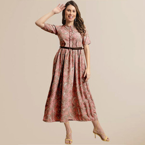 METRONAUT Women Fit and Flare Gold Midi/Calf Length Dress
