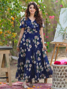 Fashion2wear Women Fit and Flare Dark Blue, Brown, White Maxi/Full Length Dress