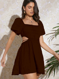 Herway Women A-line Brown Above Knee/Mid Thigh Length Dress