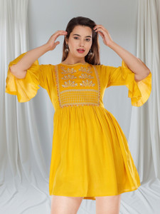 MARISY Women Fit and Flare Yellow Above Knee/Mid Thigh Length Dress