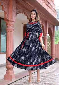 Yash Gallery Women Ethnic Dress Black Midi/Calf Length Dress