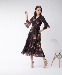 Miss Chase Women Ruffled Multicolor Midi/Calf Length Dress