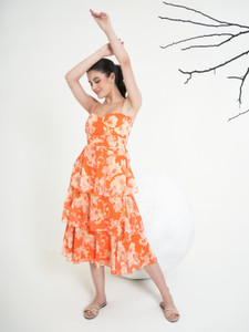 PURVAJA Women Layered Orange Midi/Calf Length Dress