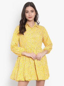 indietoga Women Balloon/Bubble Yellow Above Knee/Mid Thigh Length Dress