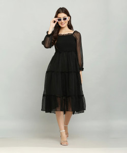 SRS Women Fit and Flare Black Below Knee Dress