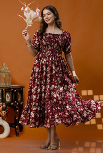 fantasy fab Women Fit and Flare Maroon Midi/Calf Length Dress