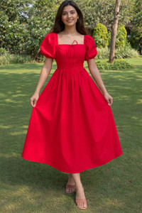 SoniyasKurti Women Fit and Flare Red Midi/Calf Length Dress