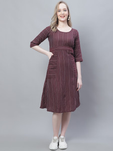 Enchanted Drapes Women A-line Brown, White Knee Length Dress