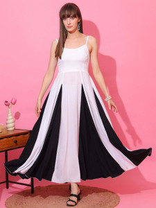 Seek By Sheetal Women Fit and Flare White, Black Maxi/Full Length Dress