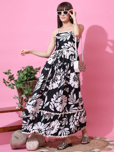Sheetal Associates Women Fit and Flare Black, White Maxi/Full Length Dress