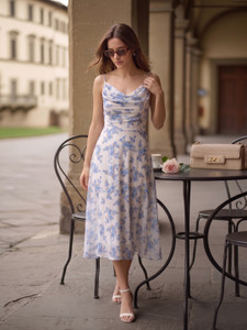 AAYU Women Fit and Flare White, Light Blue Midi/Calf Length Dress