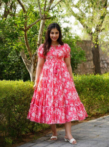 HANDSOME KING Women Fit and Flare Pink, White Midi/Calf Length Dress