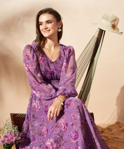 Miss Chase Women Cinched Waist Purple Maxi/Full Length Dress