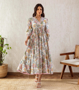 Sheetal Associates Women Gathered White Maxi/Full Length Dress