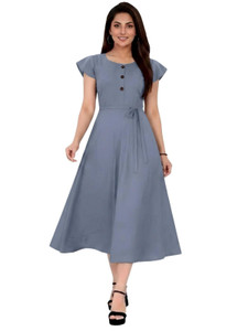 Coft Women Fit and Flare Grey Midi/Calf Length Dress