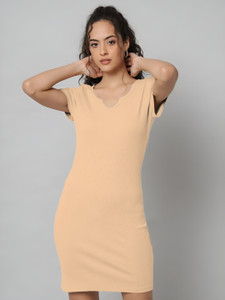 GUTI Women Bodycon Beige Above Knee/Mid Thigh Length Dress