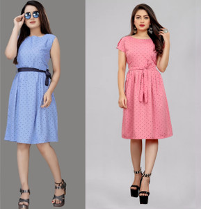 tanvi creation Women Fit and Flare Light Blue, Pink Below Knee Dress