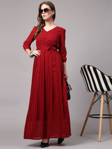 METRONAUT Women Fit and Flare Maroon Maxi/Full Length Dress
