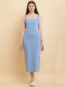 Puella Women A-line Light Blue Midi/Calf Length Dress