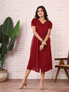 Safoora Creation Women A-line Maroon Midi/Calf Length Dress