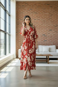 METRONAUT Women Fit and Flare Red, Beige Midi/Calf Length Dress