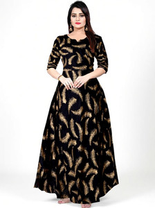 zalya Women Gown Black, Gold Maxi/Full Length Dress