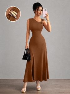 TIVANTE Women Fit and Flare Brown Maxi/Full Length Dress