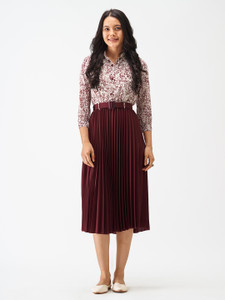 AASK Women Pleated Brown Midi/Calf Length Dress