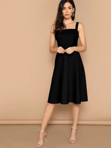 Gurways Women Fit and Flare Black Below Knee Dress