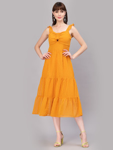 AAYU Women Ruffled Yellow Midi/Calf Length Dress