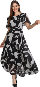 DHANERI Women Fit and Flare White, Black Maxi/Full Length Dress