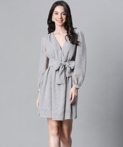 OXOLLOXO Women Wrap Grey Above Knee/Mid Thigh Length Dress