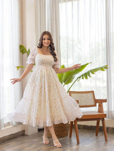 Deklook Women Fit and Flare White Maxi/Full Length Dress