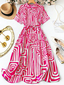 Honky Tonky Women Fit and Flare Pink, White Knee Length Dress