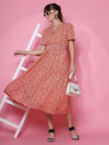 METRONAUT Women Fit and Flare Red, White Midi/Calf Length Dress
