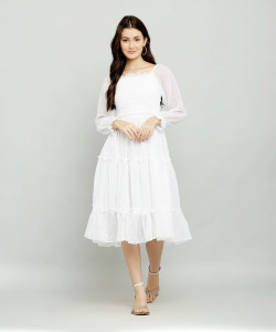 SRS Women Fit and Flare White Below Knee Dress