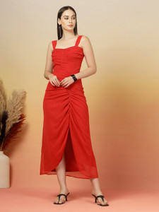 AAYU Women A-line Red Midi/Calf Length Dress