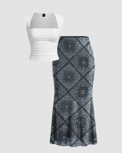 SANEPI Women Two Piece Dress Grey, White Maxi/Full Length Dress