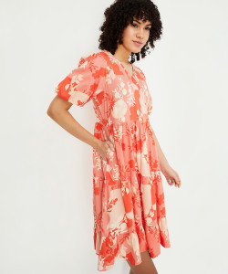 MAX Women Gathered Orange Knee Length Dress