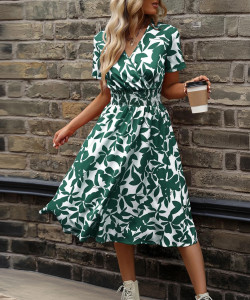 Sheetal Associates Women Fit and Flare White, Dark Green Below Knee Dress