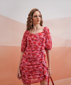 Tokyo Talkies Women Ruffled Pink, Black Above Knee/Mid Thigh Length Dress