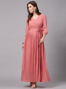 METRONAUT Women Fit and Flare Pink Maxi/Full Length Dress