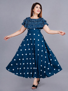 PRADHRUHE Women Fit and Flare Dark Blue, White Maxi/Full Length Dress