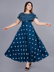 PRADHRUHE Women Fit and Flare Dark Blue, White Maxi/Full Length Dress