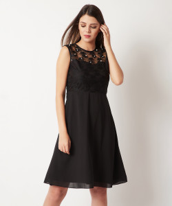 Miss Chase Women A-line Black Knee Length Dress